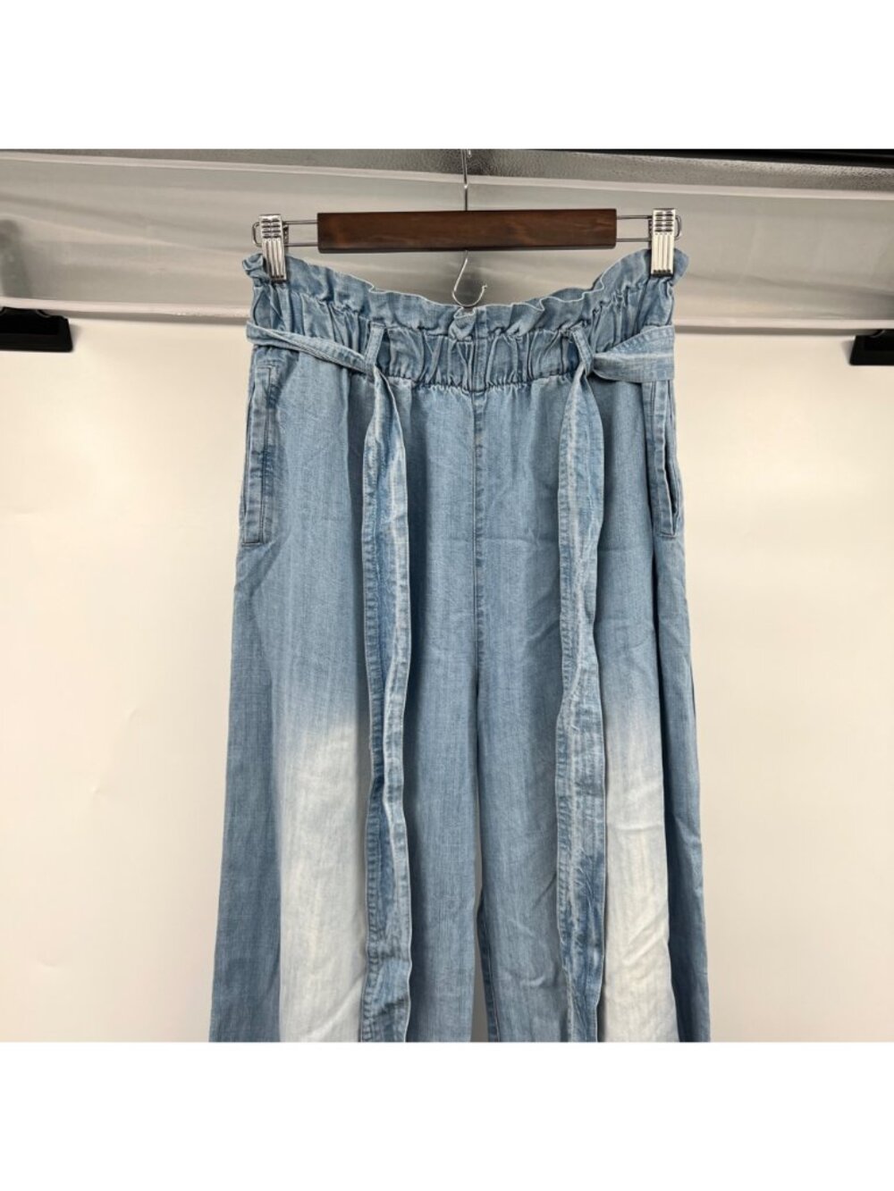 Chelsea & Theodore Lightweight Paperbag Pants Blue Wide Leg Small Belted - Picture 2 of 8